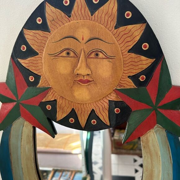 Vintage 23" Boho Celestial Wood Wall Mirror Moon Sun Stars Hand Painted Preowned - Picture 3 of 12